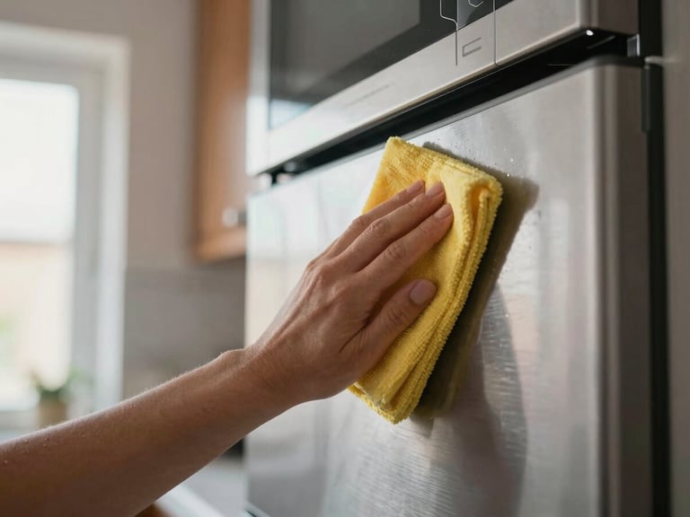 Close-up of a cleaning professional wiping down a kitchen appliance surface in a Swedish apartment, natural window light from the left, no clutter, precise detail work visible on stainless steel