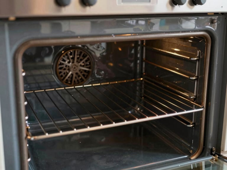 Extreme close-up of a freshly cleaned kitchen oven interior, grease-free surfaces and gleaming racks under neutral daylight, documentary framing showing precision detail work