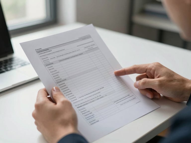 Close-up of a pair of hands holding a printed financial document on a desk, another person's finger pointing at a specific line item, natural daylight from a nearby window illuminating the paper, calm and ordered office environment visible in the background