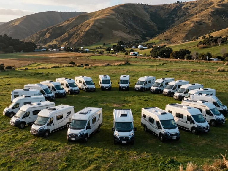 Wide shot of dozens of modern motorhomes parked in a neat semi-circle on a lush green field under soft golden hour light, hills in the background