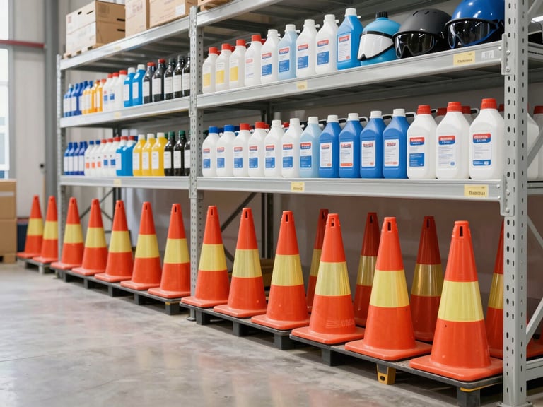 Organized shelf in a warehouse showcasing various facility supplies: safety cones, cleaning solutions, and protective equipment, bright and clean environment.