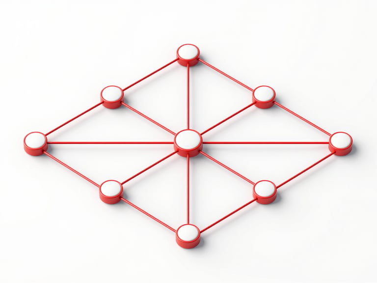 Isometric technical view of a supply chain network diagram, precise crimson lines, clean white background, 3d render
