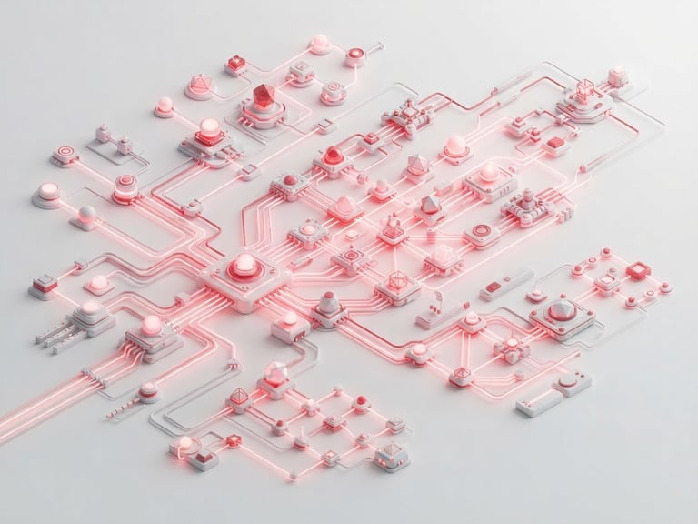 Isometric technical schematic of a multi-agent orchestration pipeline, crimson glowing nodes, soft white background, high-key studio lighting, octane render