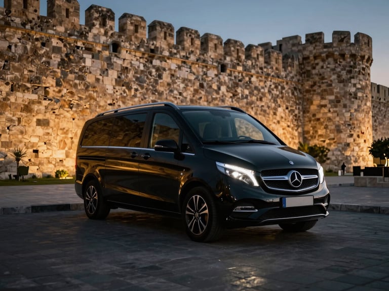Gleaming black Mercedes Vito parked elegantly near the ancient city walls of Famagusta at dusk, low-key dramatic lighting, gold reflections, luxury automotive photography, 35mm.