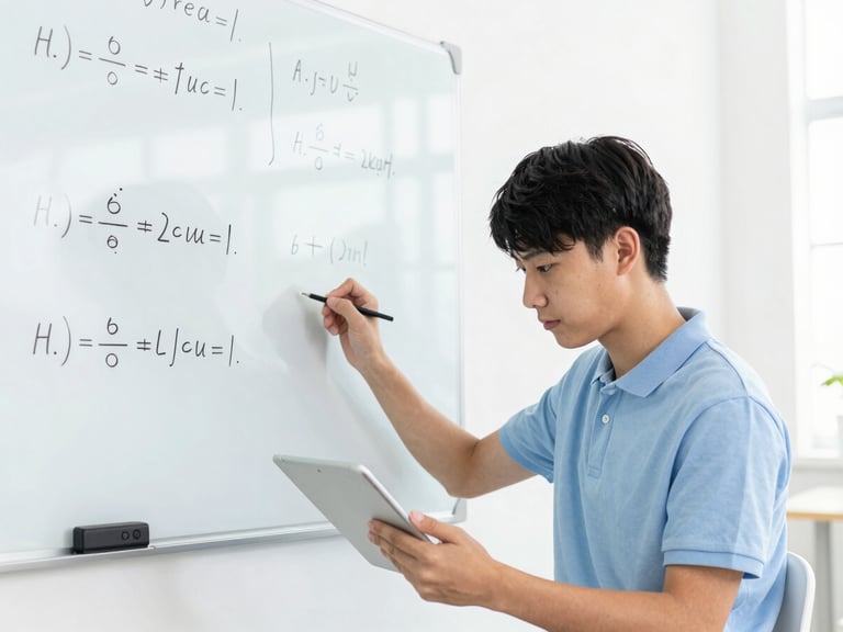 High school student looking focused and relaxed, working on a tablet, writing clean math equations on a whiteboard in a bright modern study room, natural daylight, 35mm