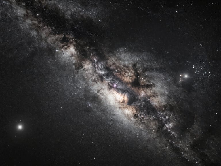 Wide panoramic astrophotography of cosmic dust clouds and distant galaxies, high-contrast deep field, monochrome low-key lighting, vast negative space.