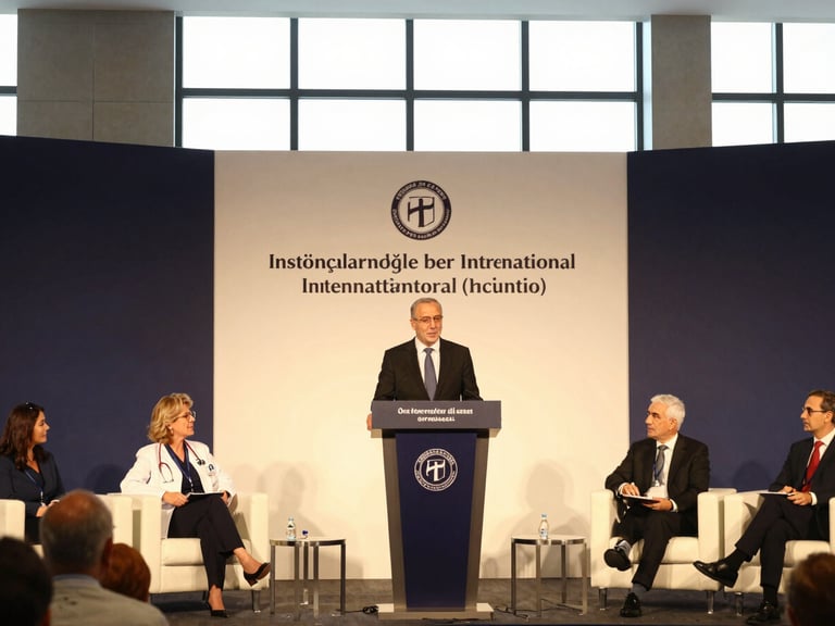A wide environmental shot of a prestigious international medical congress panel, with Dr. Öğretmenoğlu presenting behind a sleek dark podium under warm spotlights.
