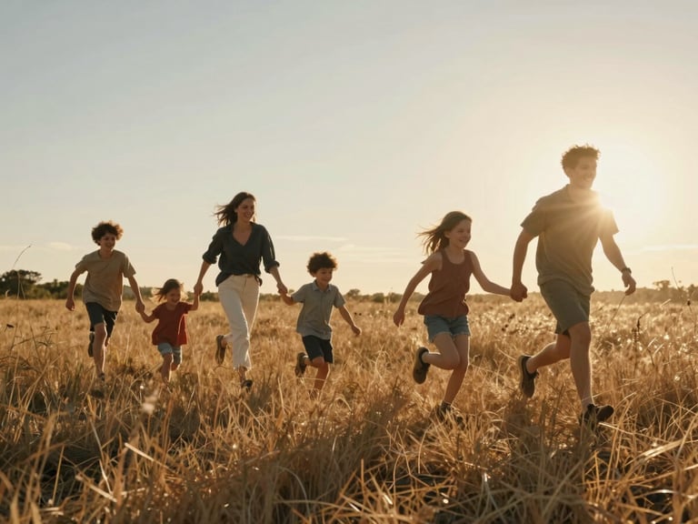 Wide cinematic shot of a young family running through tall dry grass, low golden hour sun creating natural lens flares, warm backlight.