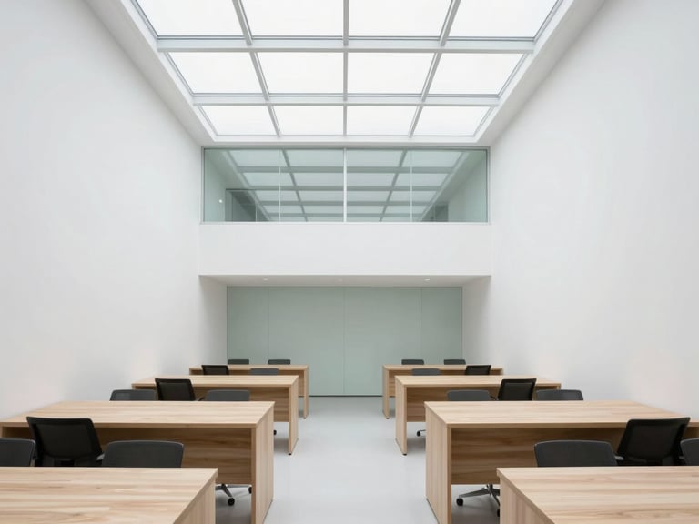 Wide-angle architectural photograph of a modern office open space, white walls, light wood desks, large glass roof with natural light, minimalist design.