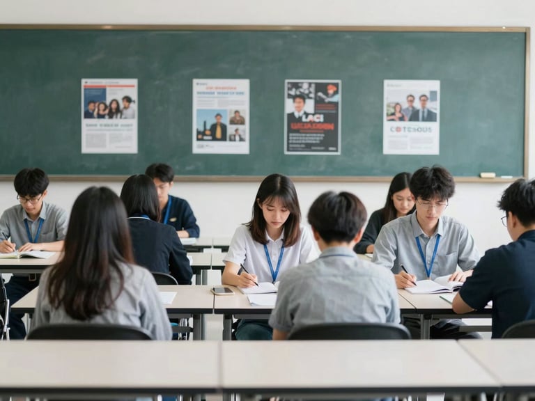 Scholars analyzing political speeches and media coverage in a university setting, bright natural daylight, cool tones, sharp focus, 35mm