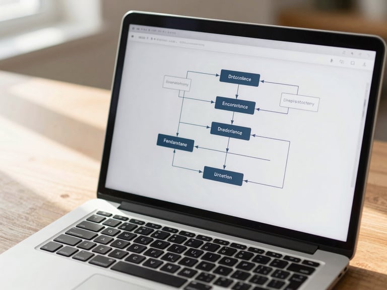 A close-up of a modern laptop screen displaying a clean strategic workflow diagram on a wooden desk. Natural daylight casting soft shadows, professional depth of field, 35mm.