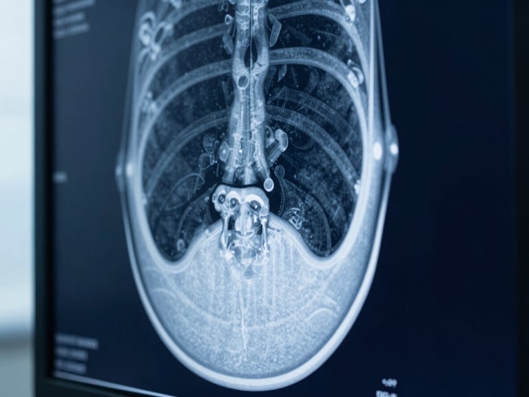 Macro shot of high-resolution radiology screen displaying structural detail, cool crisp blue lighting, high contrast, clinical precision