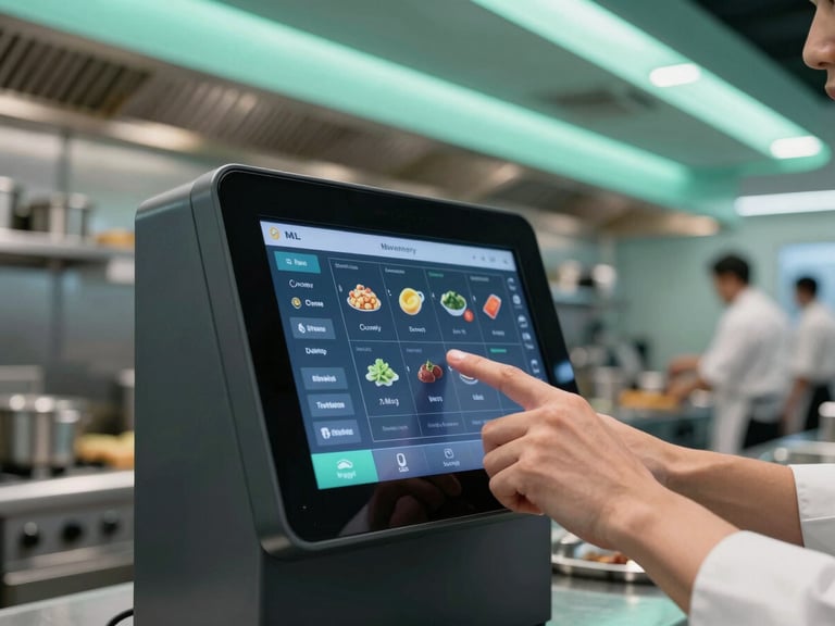 Sleek modern kitchen terminal displaying a live inventory interface, hands of a chef tapping the screen, background of active kitchen line, cool architectural lighting with mint accents, sharp focus, 50mm lens.