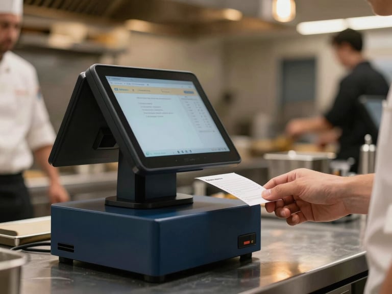 Sleek POS terminal in a busy kitchen pass, hands of a chef retrieving an order ticket, warm ambient kitchen lighting in the background, sharp focus