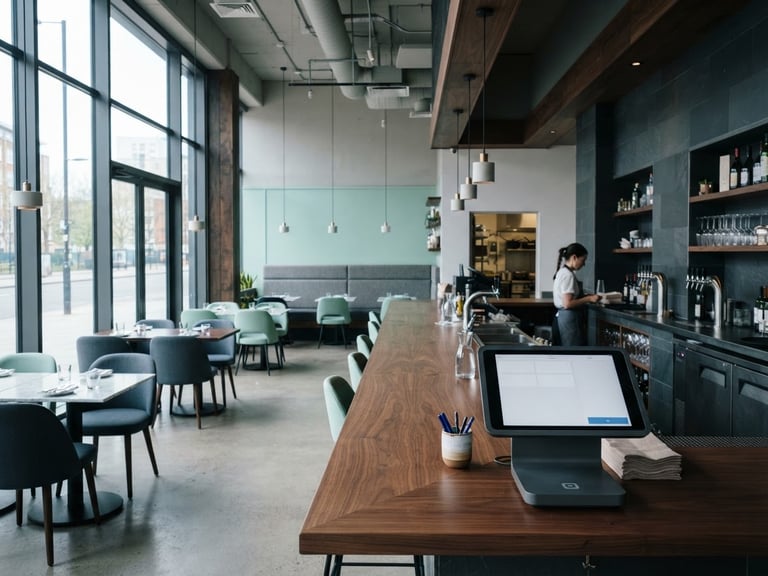 Wide shot of a modern restaurant dining room during prep hour, a sleek POS terminal on a wooden bar counter in the foreground, cool morning light coming through large windows