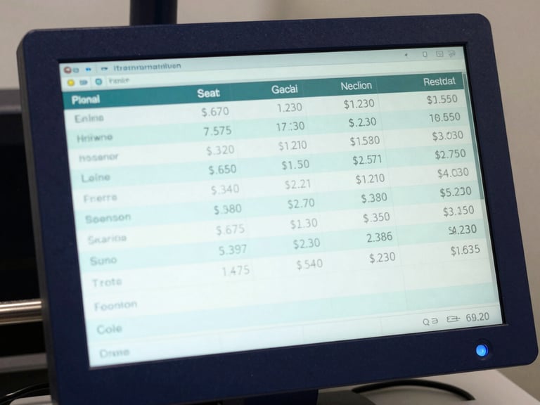 Macro shot of a high-velocity checkout terminal screen showing real-time sales and tax reconciliation data, clean slate background, sharp focus, technical editorial style.