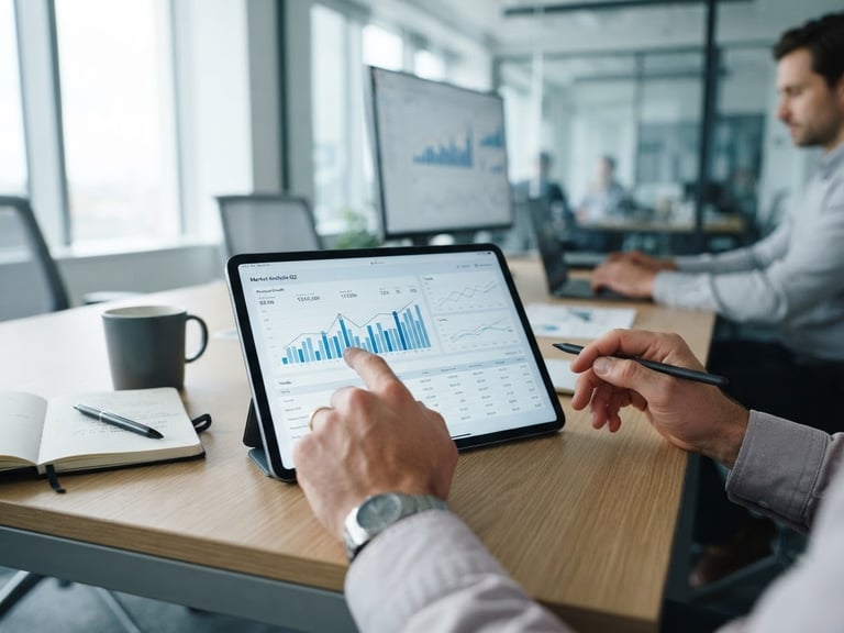A close-up of a modern analytical workspace, hands analyzing charts on a tablet, bright natural daylight, cool corporate tones