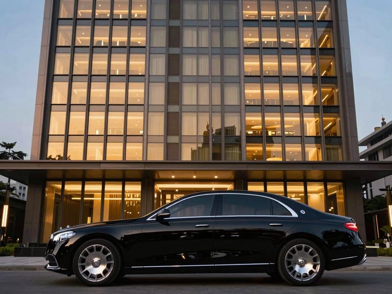 Sleek black luxury sedan parked outside a modern Hanoi high-rise at dusk, sharp golden-hour window reflections, premium editorial photography style
