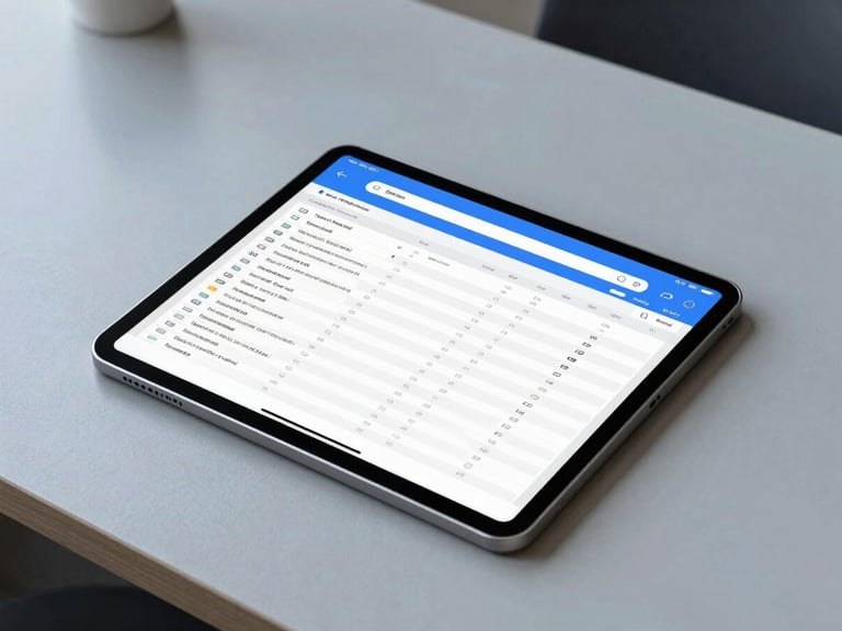 A clean modern desk in London with a tablet displaying a real-time digital ledger spreadsheet, bright natural daylight, cool blue tones