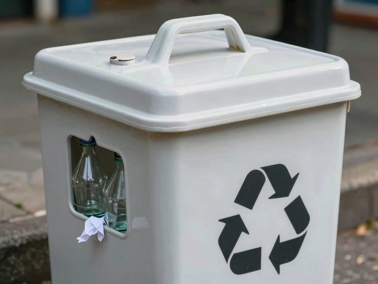 Primer plano cenital de una bolsa blanca de reciclaje limpia y ordenada, mostrando cartón seco apilado, botellas plásticas transparentes aplastadas y papel de archivo blanco, luz clara y natural de Bogotá.