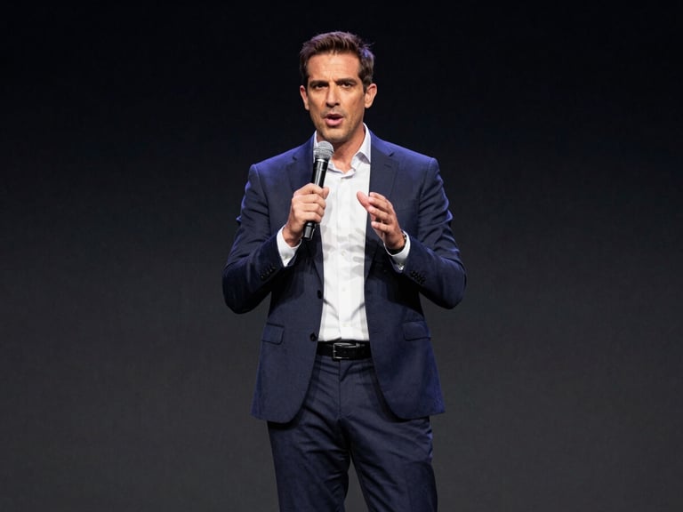 Medium-wide shot of Leo Colella commanding a corporate stage with a microphone, high-contrast dramatic stage lighting, deep charcoal background, professional executive posture, 35mm lens