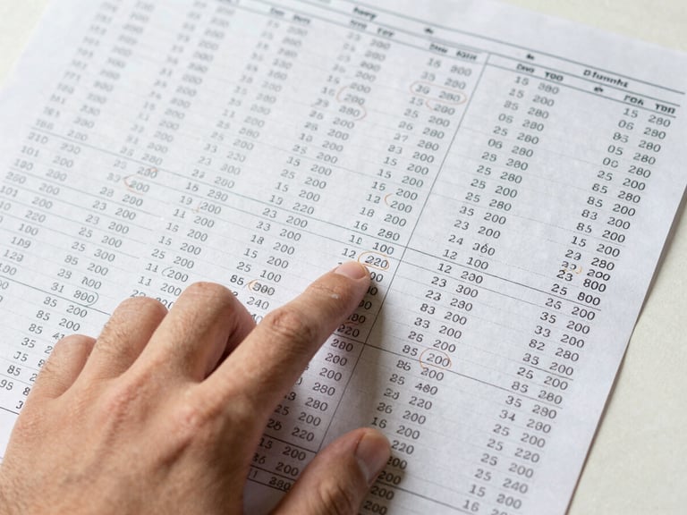 Overhead shot of a hand pointing at a printed analysis sheet covered in match statistics, confidence ratings, and circled odds — bright daylight, high contrast, no faces, clean desk surface visible at edges