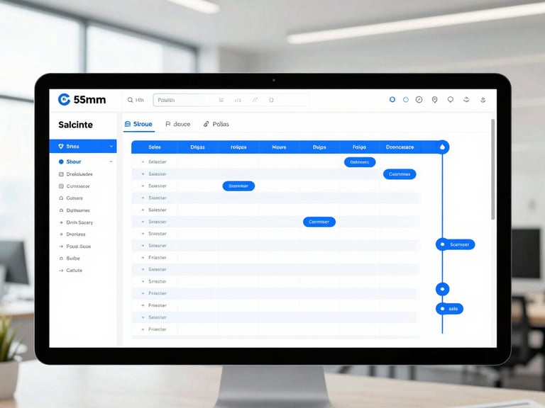 Clean software dashboard showing a structured sales pipeline with column stages, bright high-key lighting, electric blue accents, professional corporate style