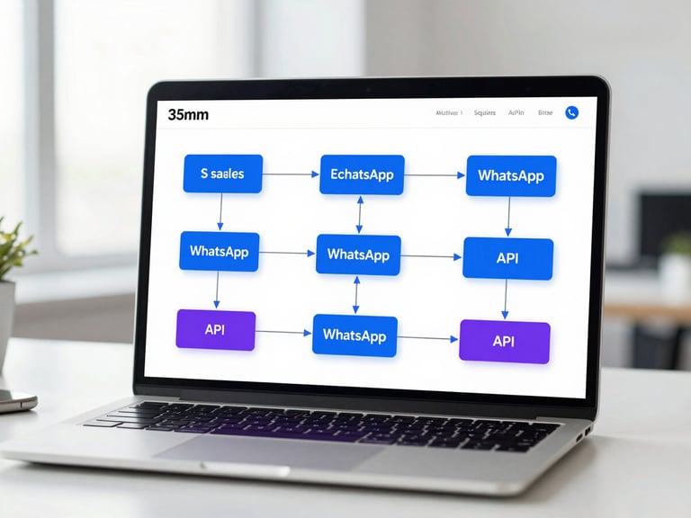 Clean corporate tech photography, bright natural office light, a laptop screen displaying a modern flowchart of a sales pipeline and WhatsApp API nodes, electric blue and violet accents, shallow depth of field, professional 35mm.