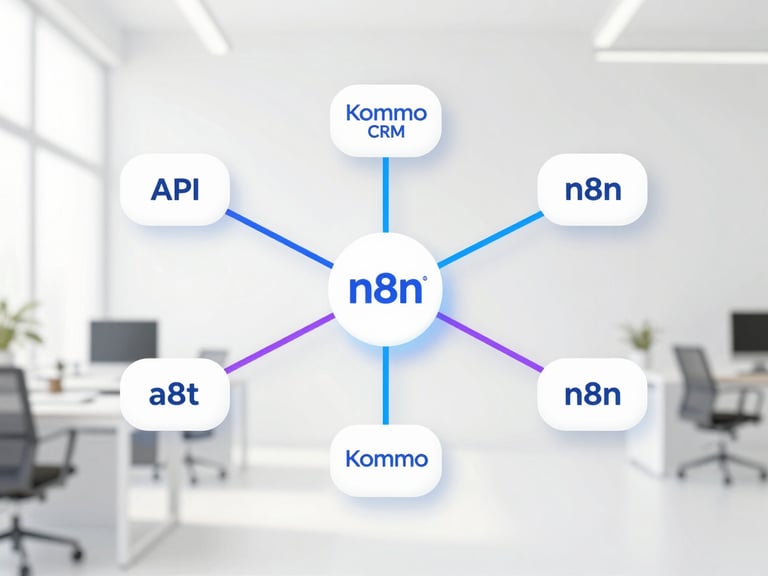 Clean minimalist vector-style diagram of API nodes connecting Kommo CRM to n8n, glowing electric blue and violet lines on a white background, high-key studio lighting