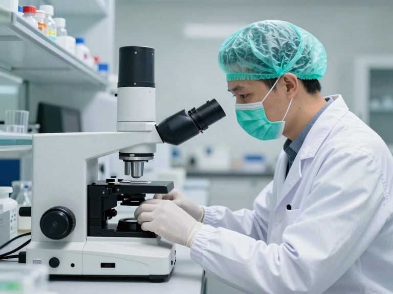 Focused scientist in sterile white lab coat operating modern testing equipment in a clean laboratory, cool clinical lighting, macro 35mm