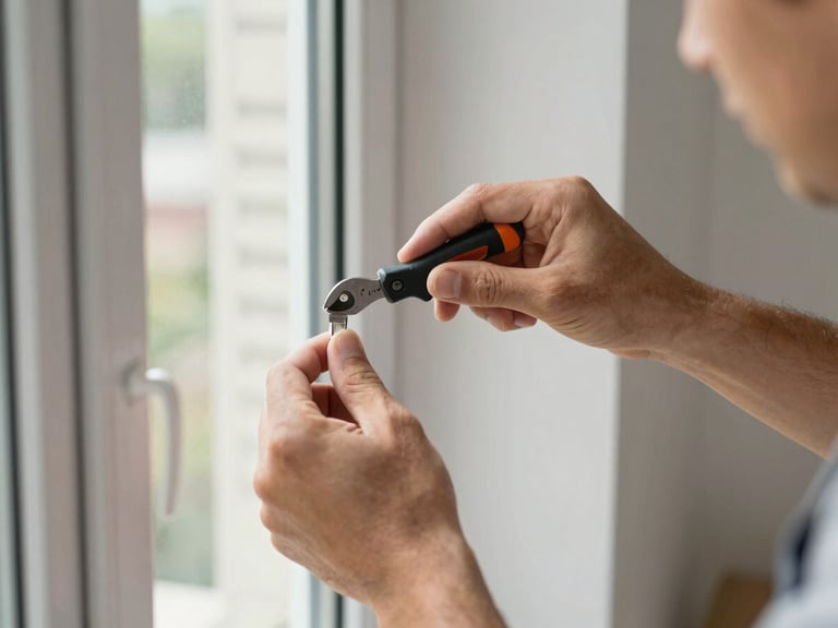Close-up of a technician's hands carefully replacing a pane of glass in a window frame, clean tools, natural daylight, crisp details, 35mm.