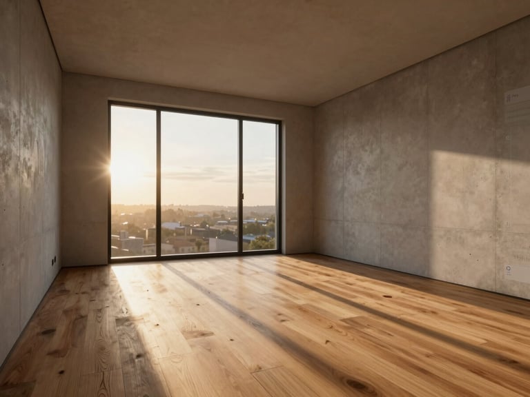 Wide eye-level perspective of a high-fidelity virtual apartment interior, cinematic sunset lighting casting long shadows across oak wood floors, minimalist concrete walls, clean digital UI frame subtly overlaying the right edge