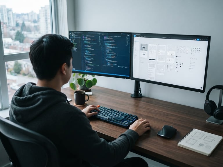 Over-the-shoulder view of a clean developer workspace with dual monitors displaying code syntax and interface wireframes, cool natural window light, sharp focus, 35mm.