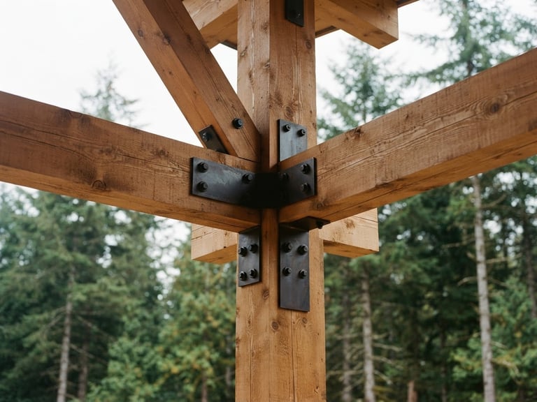 Warm editorial architectural close-up of heavy timber framing with custom steel connection plates, soft overcast daylight, forest green pines in background, 35mm