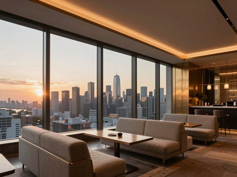 Elegant sky lounge interior with floor-to-ceiling windows showing a panoramic city skyline at sunset, plush minimalist seating, and warm ambient lighting.