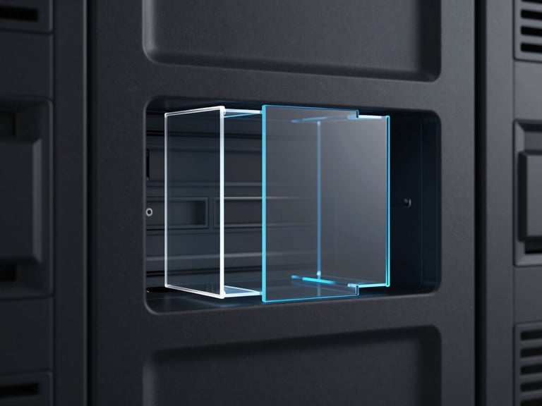 Sleek 3D render of abstract server rack, dark obsidian background, subtle blue luminescent edge glow, minimalist geometric glass structures, centered, extreme close-up macro angle, octane render