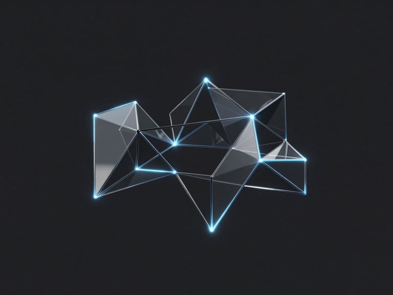 Sleek 3D render, dark obsidian background, subtle blue luminescent edge glow, minimalist geometric glass structures forming a complex neural network, octane render, centered, orthographic