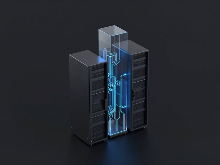 Sleek 3D render, dark obsidian background, subtle blue luminescent edge glow, macro shot of modern server architecture with glowing data pathways, octane render, centered, geometric precision