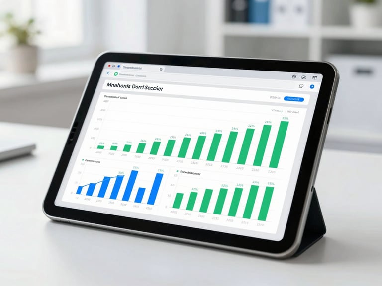 A close-up of a tablet displaying a clean medical financial dashboard with green and blue graphs, bright natural daylight, white medical office setting, 50mm lens