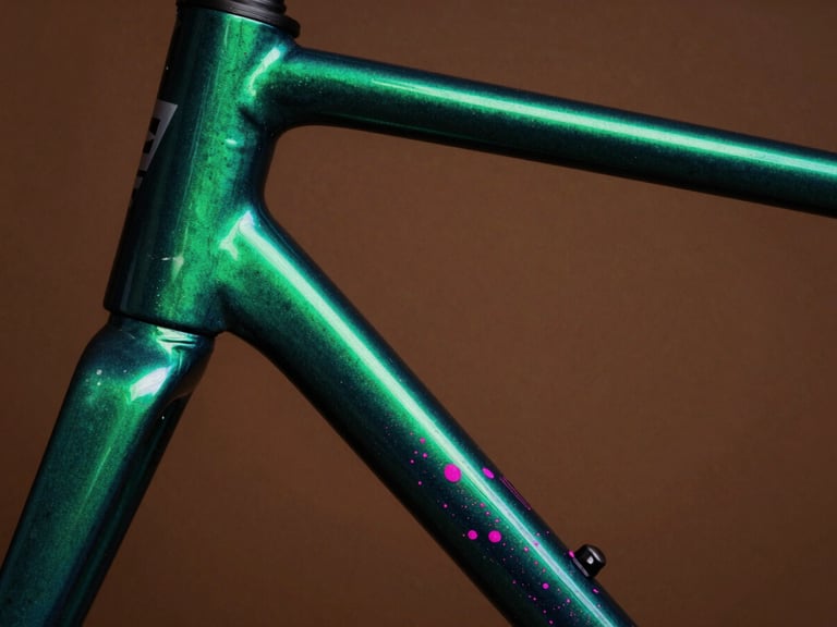 Macro photography of a custom bicycle frame paint finish, deep metallic green gradient with electric magenta flecks catching dramatic studio light, 35mm