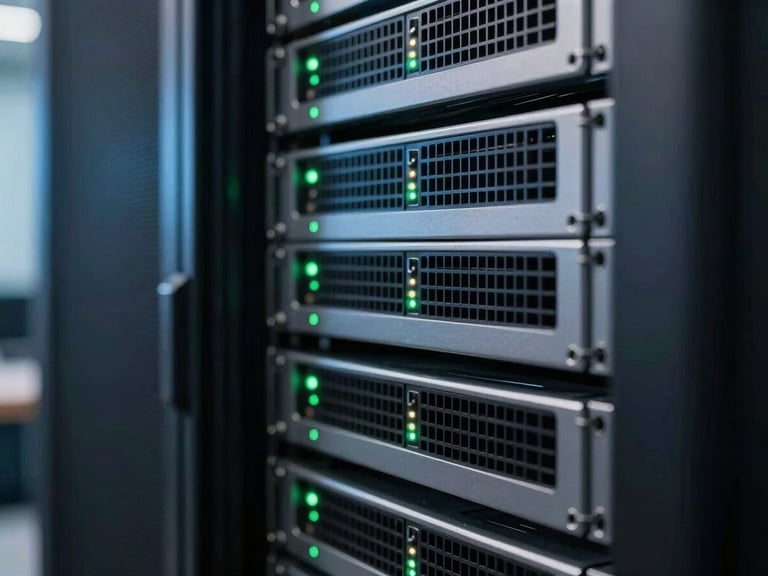 Macro shot of modern server racks with subtle neon green indicator lights, reflecting on a polished dark surface, emphasizing precision and active data processing, sleek editorial photography.