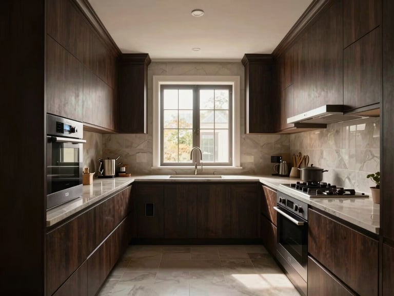 Straight-on architectural one-point perspective of a finished luxury kitchen, warm natural window light, rich dark tones, high-end interior design, 35mm