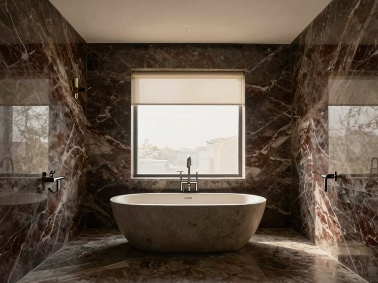 Straight-on architectural photography of a luxury master bathroom with book-matched marble walls, a freestanding stone tub, and soft natural window light, 35mm.