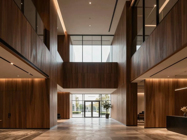 Straight-on architectural photography of a modern luxury office lobby with minimalist wood paneling, clean lines, and warm ambient lighting, 35mm.