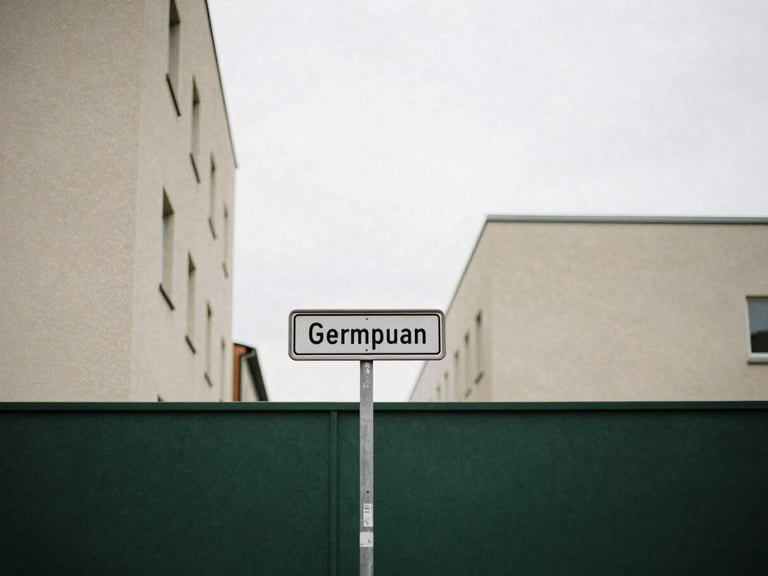 Minimalist street scene in Berlin with clean architectural lines and a clear German street sign, soft overcast daylight, 35mm film aesthetic
