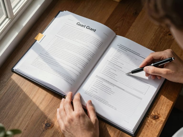 Close overhead flat-lay of an open grant application binder on a wood desk, hands sorting tabbed document sections, natural window light from the left side casting soft shadows across the pages, a pen resting on a completed checklist form