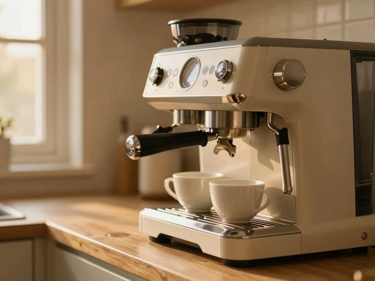Close-up of a modern kitchen counter with a high-end espresso machine, two porcelain cups, warm morning light, shallow depth of field