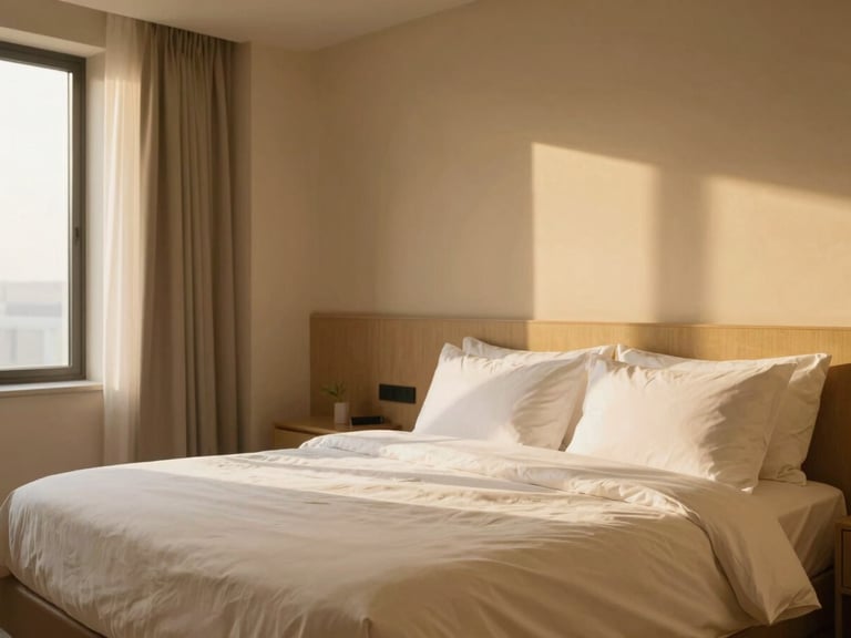 Quiet elegant apartment bedroom, high-thread-count linens, warm beige walls, soft natural light, minimalist design hotel aesthetic