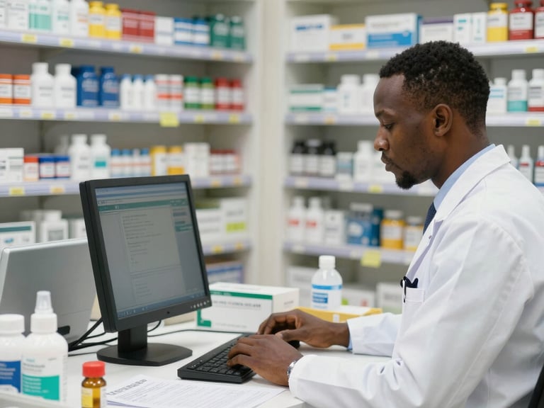 A smartphone screen displaying a successful Wave mobile money payment confirmation inside a clean pharmacy, soft green ambient glow.