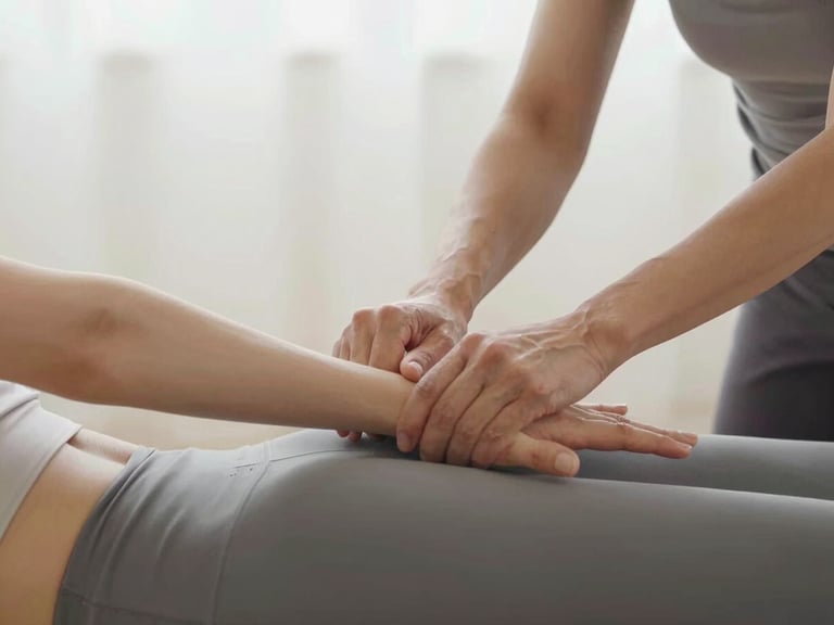 Clean editorial close-up of a yoga instructor gently adjusting a student's alignment, focusing on hands and physical boundaries, bright diffused daylight, neutral muted tones, 35mm.